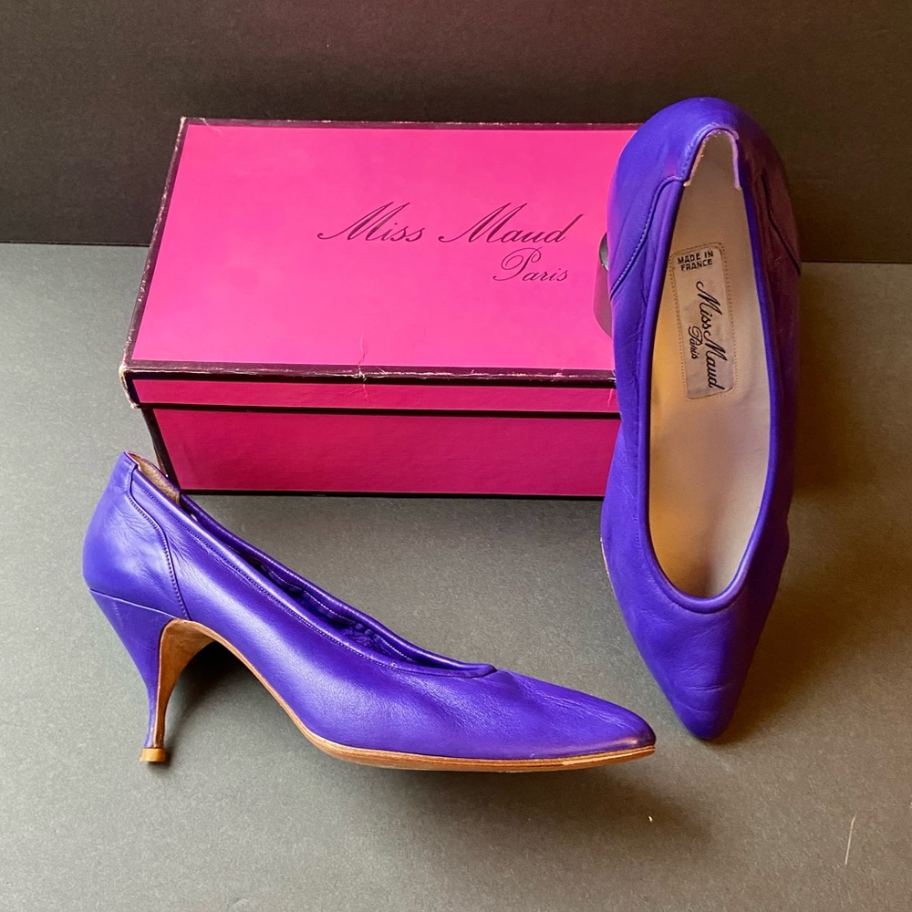 VINTAGE 1980s MAUD FRIZON Miss Maud Purple Lambskin Stilleto Pumps Size 38